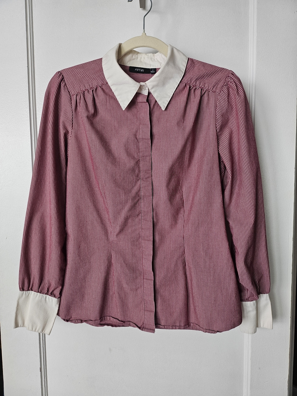 Burgundy Striped Button-Front Blouse with White Collar and Cuffs